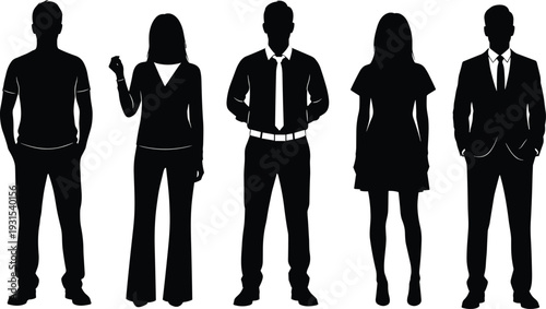 Black business silhouette group of five diverse people standing together, man woman pointing fist raised confident team corporate vector illustration