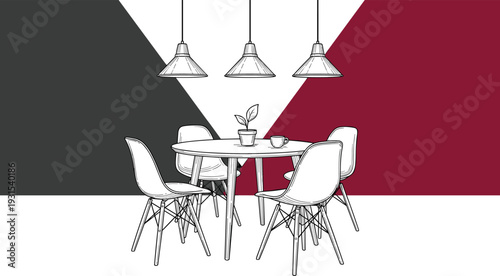 modern dining room, minimalist interior, round table, chair set, pendant lighting, contemporary furniture, home decor, line art, stylish apartment design