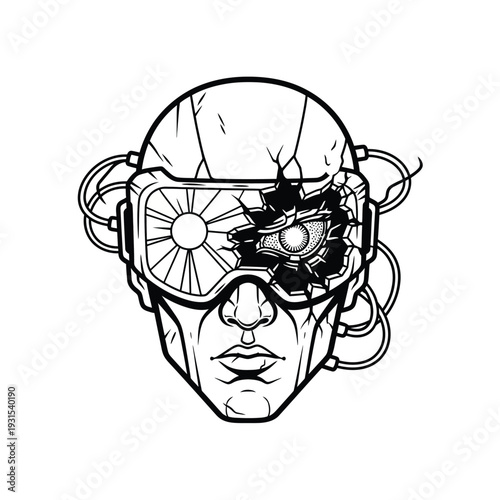 A monochrome illustration depicts a human head wearing a damaged virtual reality headset, exposing a cybernetic eye and wires, symbolizing a dystopian future.