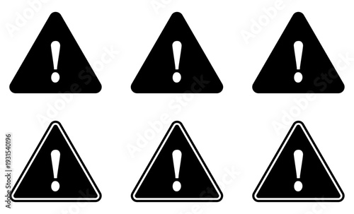 warning alert triangle icon set showing multiple exclamation mark symbols in solid and outline styles. useful for error messages, caution notices, system alerts, safety signs, and interface warnings.