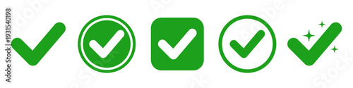 Check mark icon, green confirmation symbol, approval tick sign in various shapes