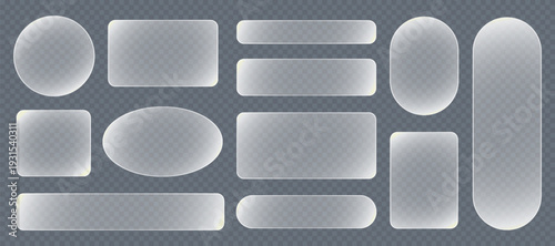 Transparent glass buttons, glass border shapes. Light glass box frame with neon effect for square ux icon. Glitch abstract background glossy border technology ui shape design