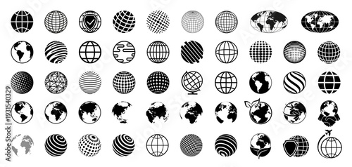 World icon flat set, Earth icons, globes with world maps, set Earth globe hemispheres with continents - vector