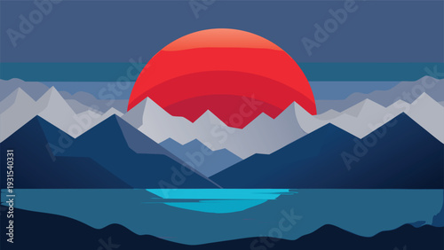 A vibrant sunset over a serene mountain range with a calm lake in the foreground Vector