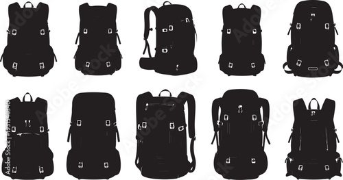 Collection of various black backpacks in different styles shown