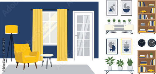modern living room interior, cozy apartment scene, yellow armchair design, home decor elements, contemporary furniture layout, stylish vector illustration