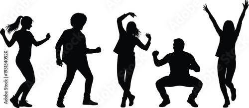 People Dancing Silhouette Set, Happy Friends Party Group Celebration, Young Men and Women Energetic Poses, Joyful Disco Night Life, Vector Illustration Isolated on White