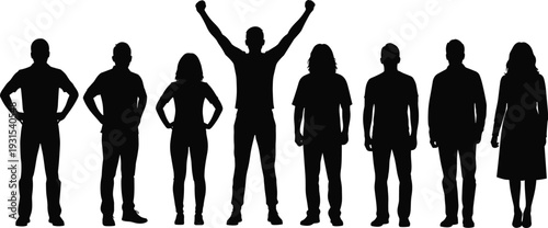 Silhouette of a diverse group of people standing together, man celebrating with arms raised, men and women posing isolated on white background, vector illustration, team.