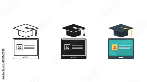 Graduation caps on laptops for online education Vector