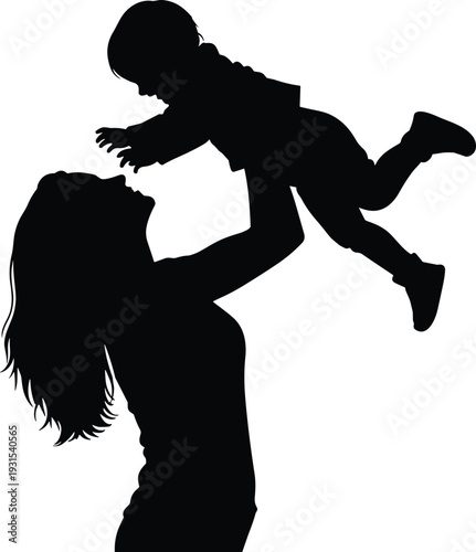 Silhouette of a loving mother lifting her happy child in the air, motherhood, family bonding, parental love, isolated on white background, vector illustration, care.