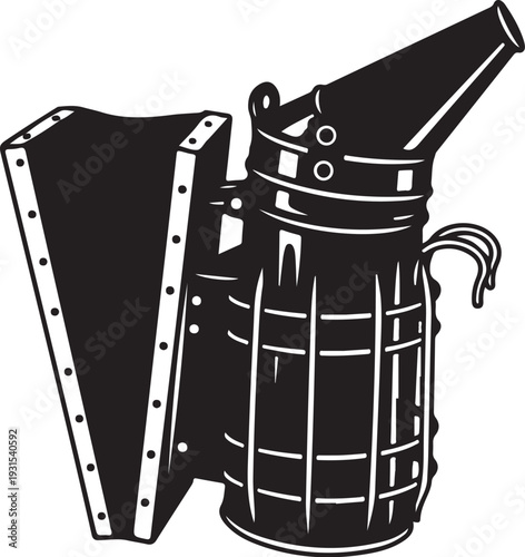 Vintage black and white beekeeping smoker and hive tool