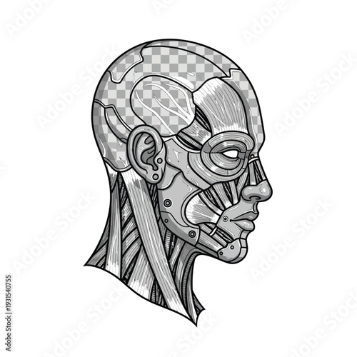 This striking monochrome illustration features a futuristic bionic human head, showcasing intricate mechanical and anatomical structures, symbolizing advanced AI.