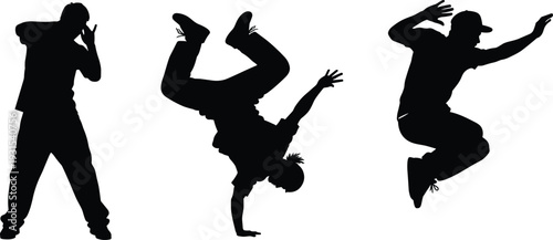 Silhouette of breakdance street dancers, hip hop performers doing handstand and jumping, urban culture movement, athletic young men isolated on white background, vector illustration, energy.