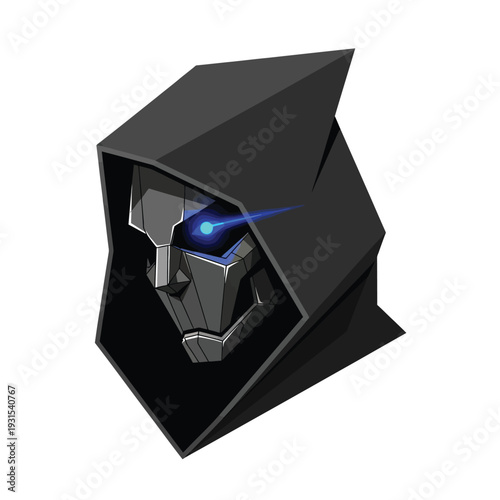 A mysterious metallic figure with glowing blue eyes emerges from a dark hooded cloak, symbolizing power, technology, and an enigmatic presence.