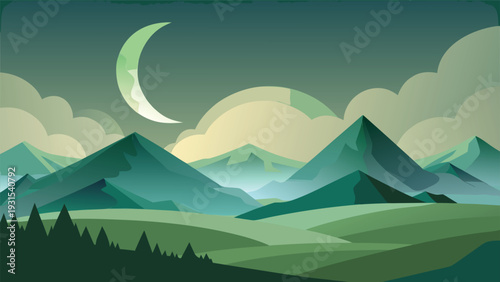 A serene moonlit landscape with majestic mountains and a tranquil forest. Vector