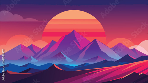 A surreal landscape with vibrant mountains and a pink sky at sunset Vector