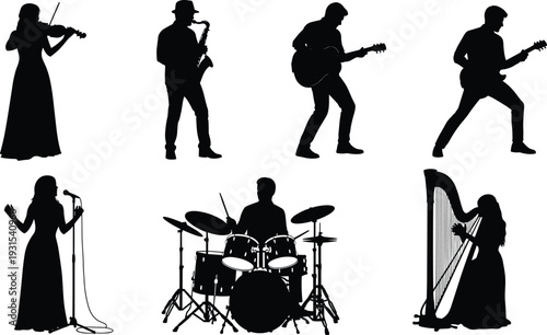 Silhouette of musicians playing instruments and singing, band sence.