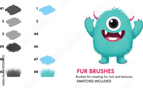 Fur and Hair Texture Brush Set with Monster Character Example and Swatches for Digital Illustration Design