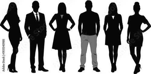 Black silhouette diverse business people group standing confidently, suits dresses casual outfits hands on hips vector illustration, isolated white background.