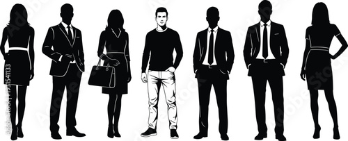 Black silhouette diverse business people group standing poses, formal suits dresses casual outfits handbag accessories vector illustration, confident stances isolated background.