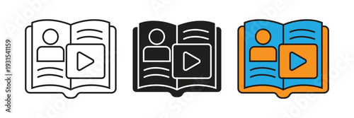 Online Course Book Icon. Open book icon with user profile and video player for digital library and e-learning education.