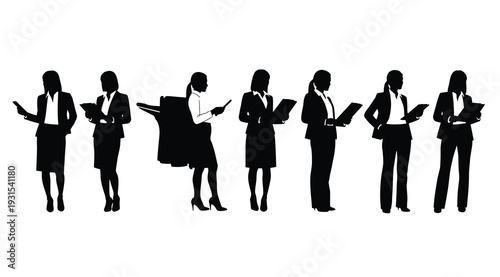 Silhouettes of business people standing in a row holding documents isolated on white background