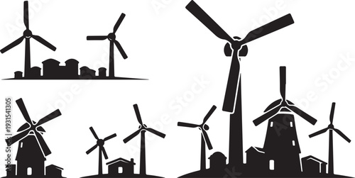 Wind Turbines and Cityscape Silhouette Vector Illustration Graphic Design