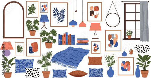 Cozy Home Interior Decor Elements Set with Plants Frames Lamps Pillows Mirrors and Books Cartoon Vector Illustration Collection