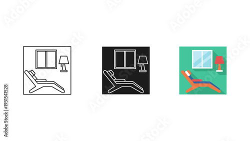 Three illustrations of a reclining chair in different colors and styles Vector