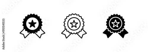 Black and white achieve icon set, award ribbon icon set with star medallions, outlined and filled styles for recognition and achievement design