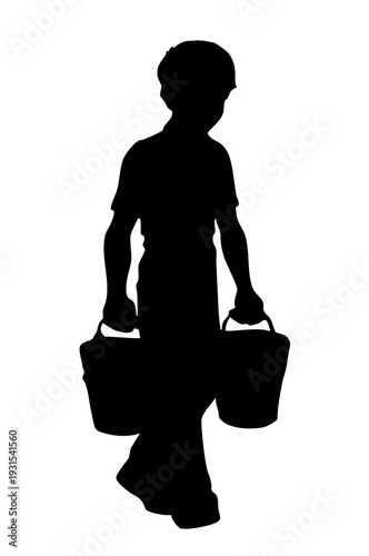 Vector drawing. A boy carries buckets