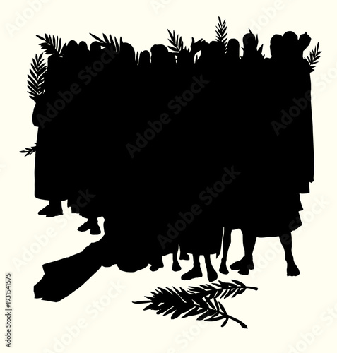 Crowd with palm branches. Vector drawing