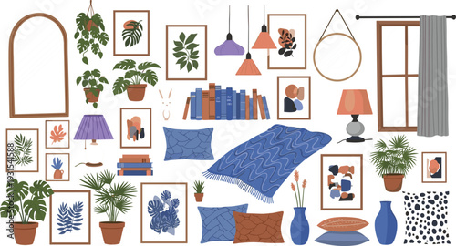 Cozy Home Interior Decor Elements Set with Plants Frames Lamps Pillows Mirrors and Books Cartoon Vector Illustration Collection