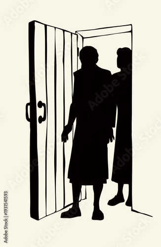 Vector drawing. A man enters the door