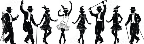 1920s flapper dancers silhouette set, vintage jazz age party people retro Charleston dance vector illustration collection