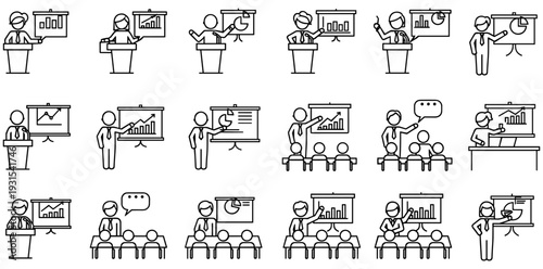 Set of business presentation line icons featuring professional speakers at podiums, financial chart graphs, and corporate training seminar vector outline illustrations isolated on white.