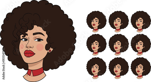 Afro woman portrait illustration set, curly hair female face avatar collection diverse beauty vector character design