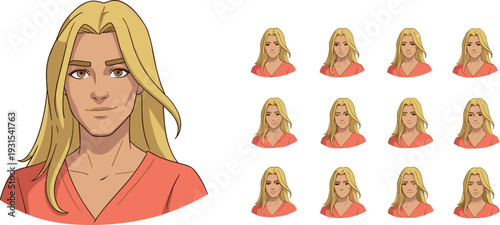 Anime blonde woman facial expressions set, manga female avatar character portrait with different emotions vector illustration
