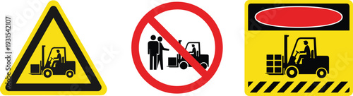 Forklift safety warning and prohibition signs set, industrial warehouse hazard caution symbol workplace traffic regulation illustration