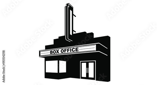 Stylized black and white illustration of a classic movie theater with a boZ office
