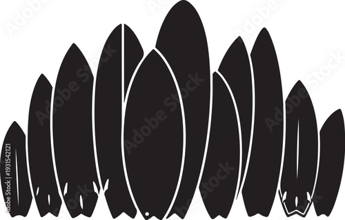 Collection of black surfboards on a white background illustration