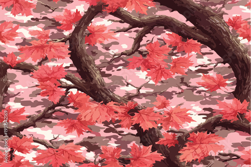Pink camouflage pattern with brown leaves and tree branches.outdoor-inspired design for hunting gear or camping attire.Useable for Hunting and military.