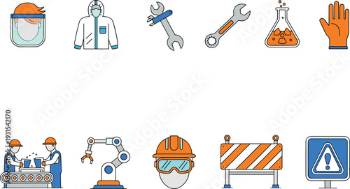Industrial safety and construction tools icons set, engineering equipment, protective gear, factory workers, robotics automation, hazard warning signs illustration