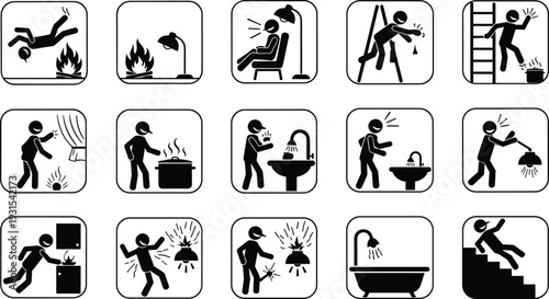Home safety hazard warning icons set, accident prevention symbols for fire electrical kitchen and bathroom risks