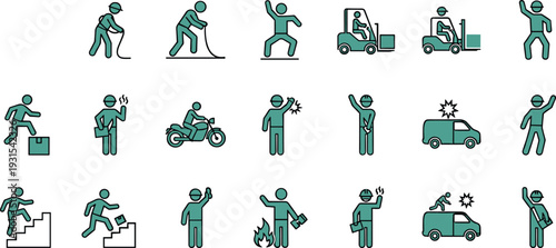 Workplace accident and industrial safety icons set, construction worker hazard warning and injury prevention symbol collection