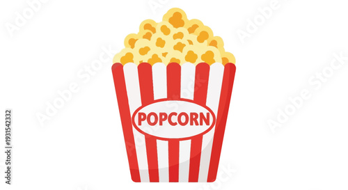 A colorful illustration of a red and white striped popcorn container overflowing with kernels