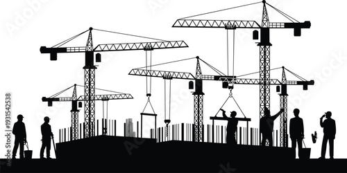 Construction site silhouette with tower cranes and workers, industrial building development scene, vector illustration of engineering and urban infrastructure concept