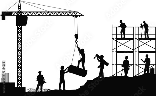 Construction site workers operating tower crane and scaffolding, silhouette of builders lifting materials and working on industrial building project isolated on white background