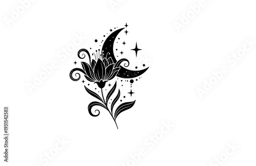 Mystical Wildflower and Crescent Moon Silhouette, Celestial Nature Boho Vector Sticker, Dreamy Botanical Graphic