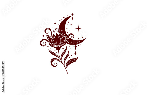 Mystical Wildflower and Crescent Moon Silhouette, Celestial Nature Boho Vector Sticker, Dreamy Botanical Graphic